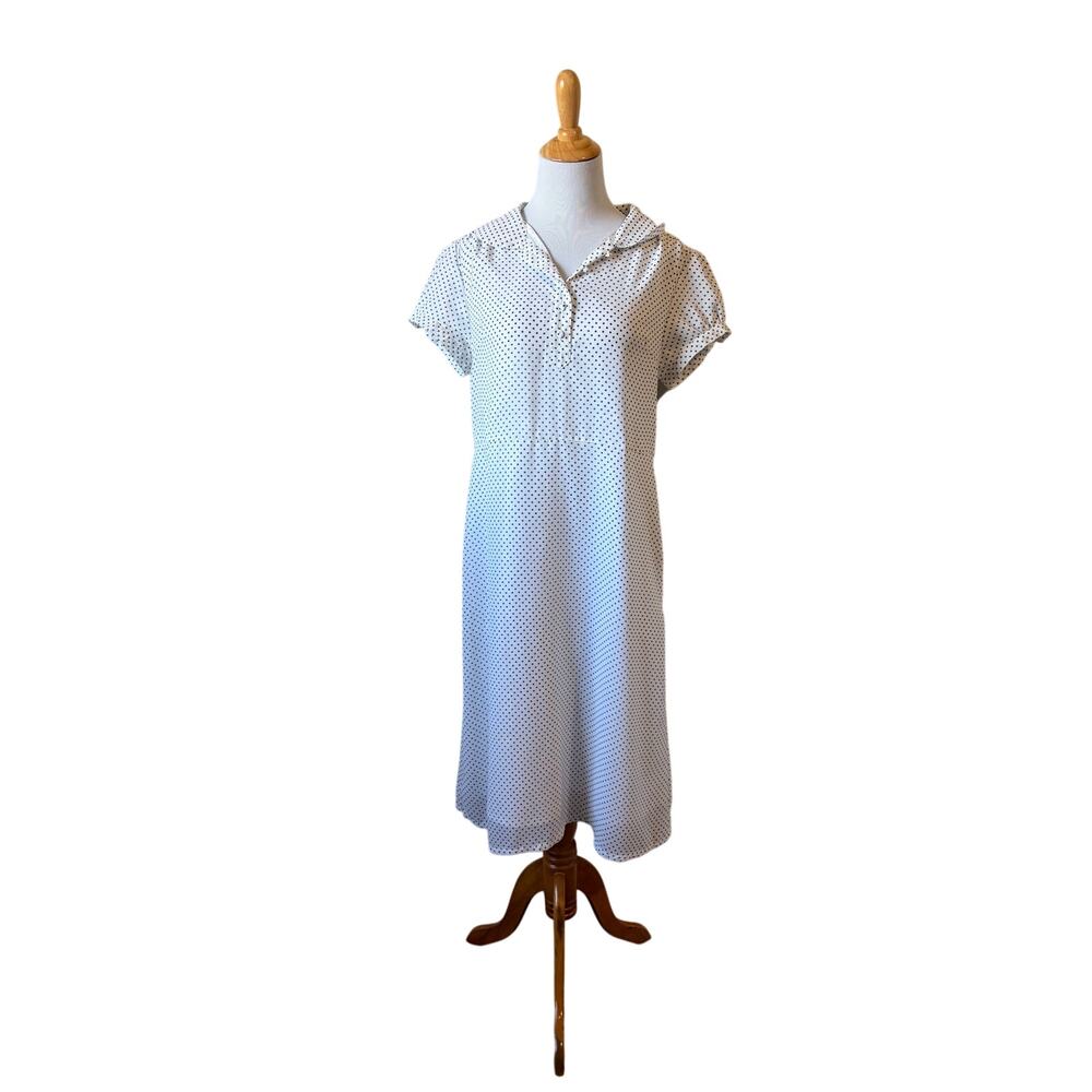 Mikarose White With Black Polka Dots Midi Dress Sz L Career Church Teacher